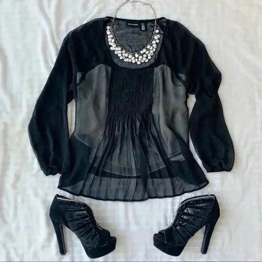 DKNY Jeans sheer black pleated top